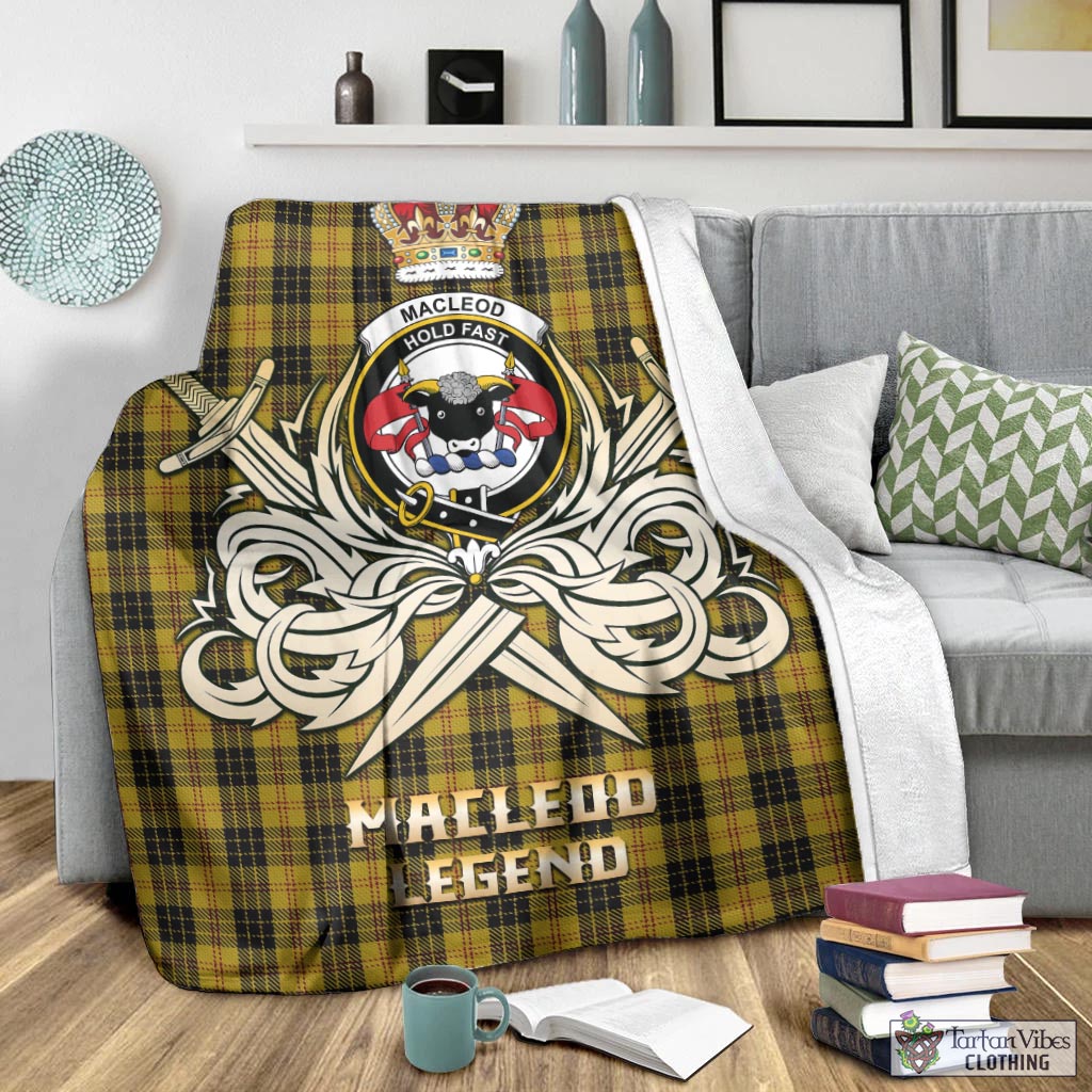 Tartan Vibes Clothing MacLeod Tartan Blanket with Clan Crest and the Golden Sword of Courageous Legacy