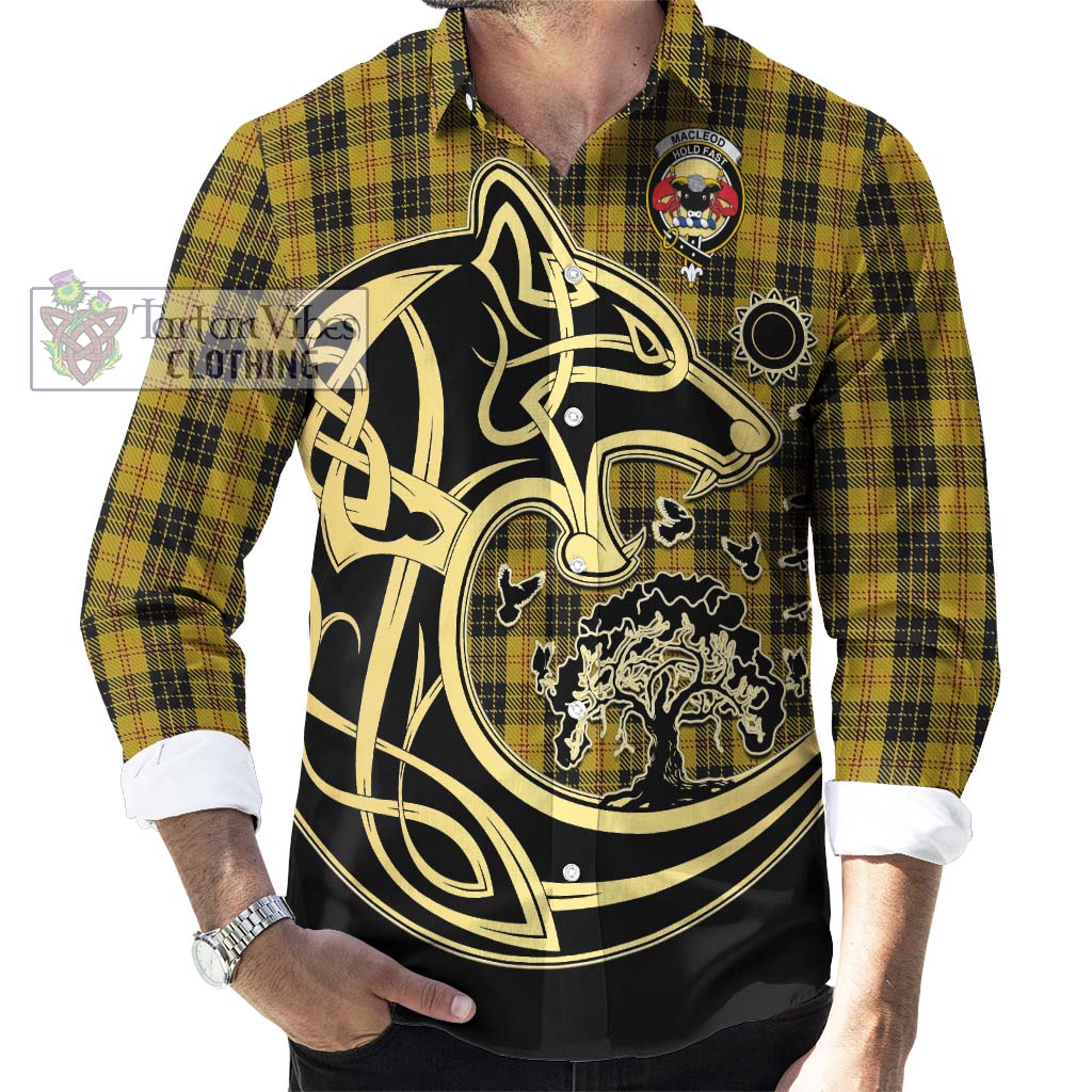 MacLeod Tartan Long Sleeve Button Shirt with Family Crest Celtic Wolf Style - Tartan Vibes Clothing