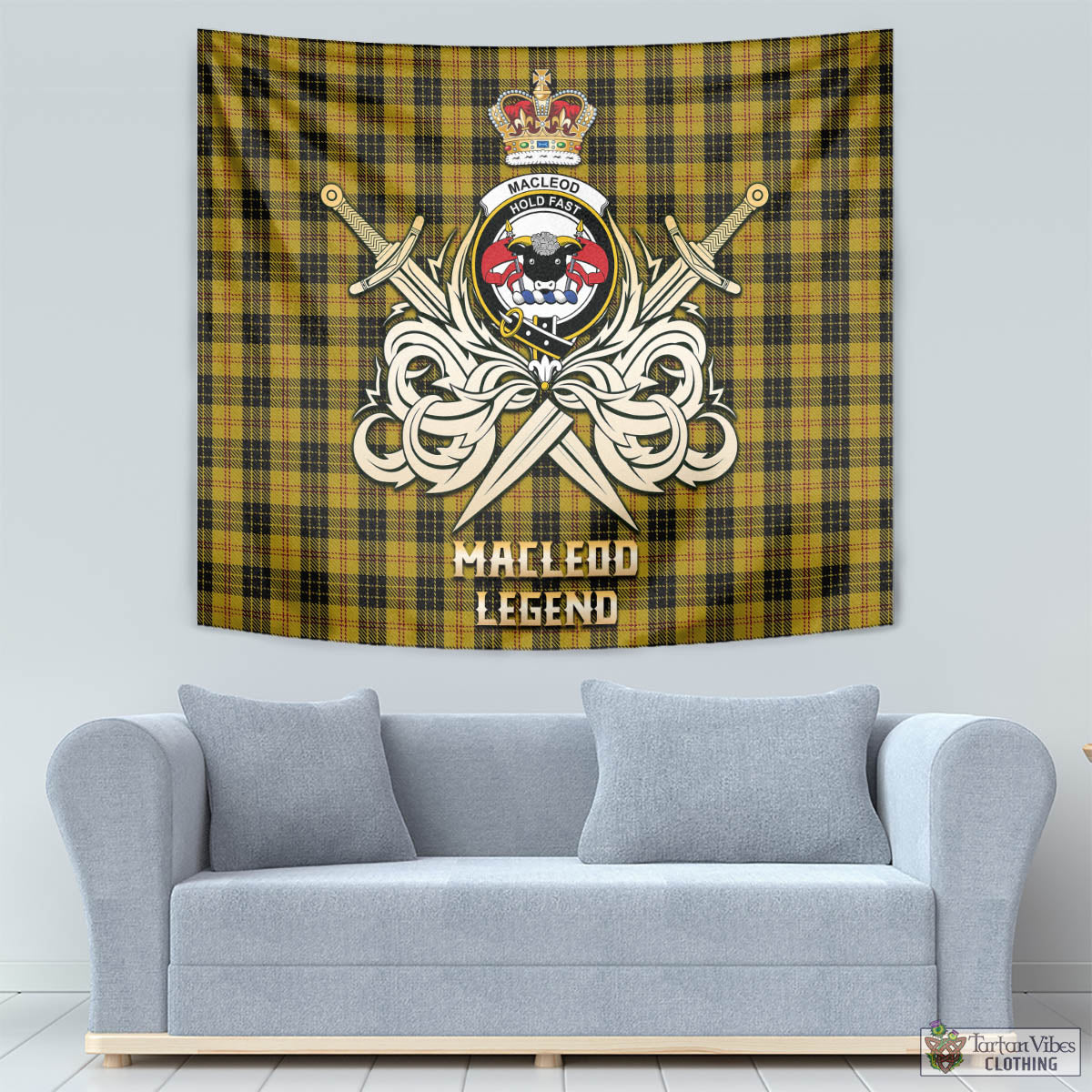 Tartan Vibes Clothing MacLeod Tartan Tapestry with Clan Crest and the Golden Sword of Courageous Legacy