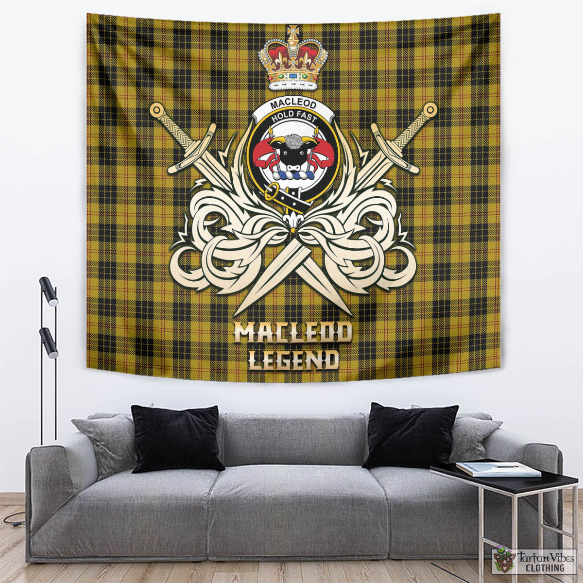 Tartan Vibes Clothing MacLeod Tartan Tapestry with Clan Crest and the Golden Sword of Courageous Legacy