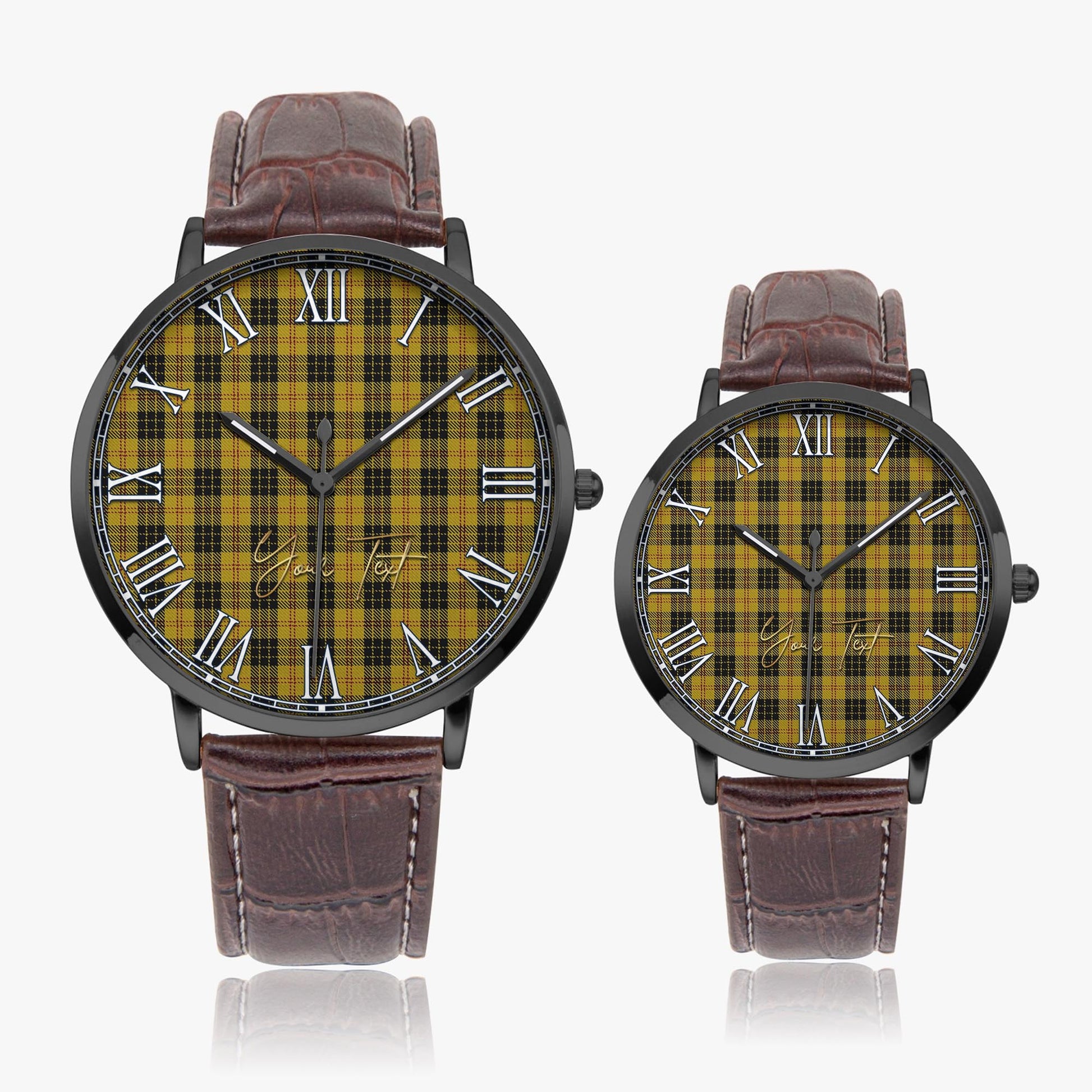 MacLeod Tartan Personalized Your Text Leather Trap Quartz Watch Ultra Thin Black Case With Brown Leather Strap - Tartanvibesclothing