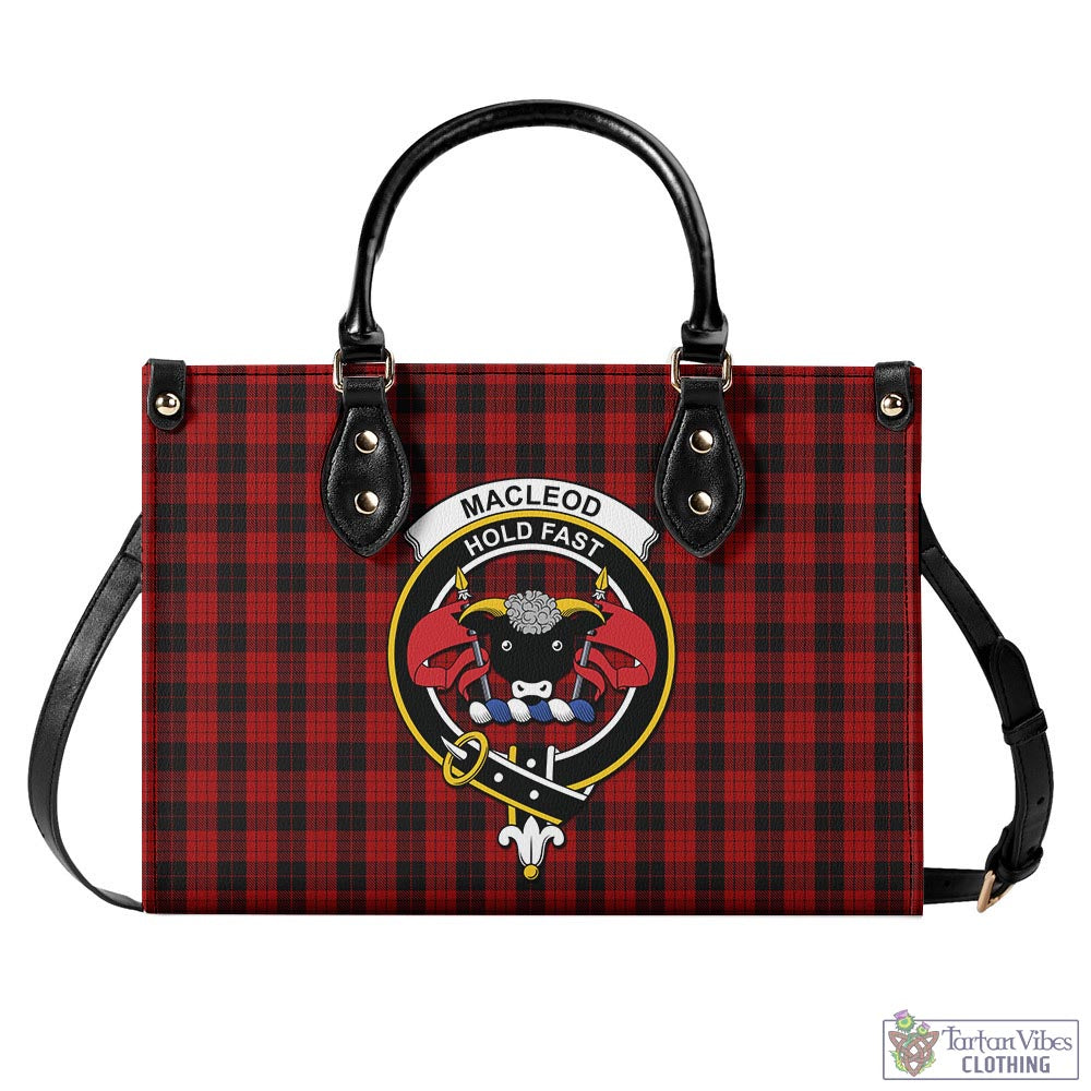 Tartan Vibes Clothing MacLeod Black and Red Tartan Luxury Leather Handbags with Family Crest