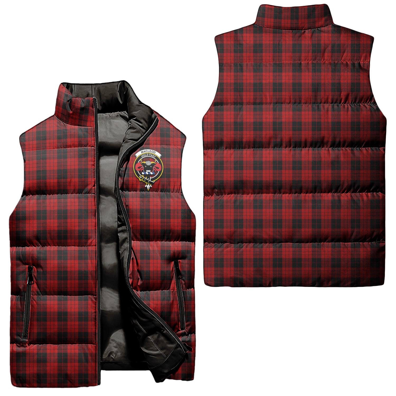 MacLeod Black and Red Tartan Sleeveless Puffer Jacket with Family Crest Unisex - Tartanvibesclothing