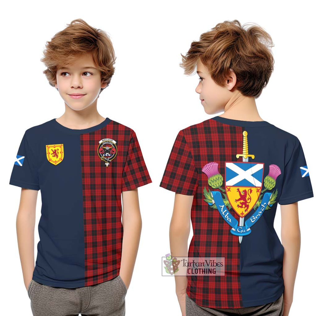 Tartan Vibes Clothing MacLeod Black and Red Tartan Kid T-Shirt with Scottish Lion Royal Arm Half Style