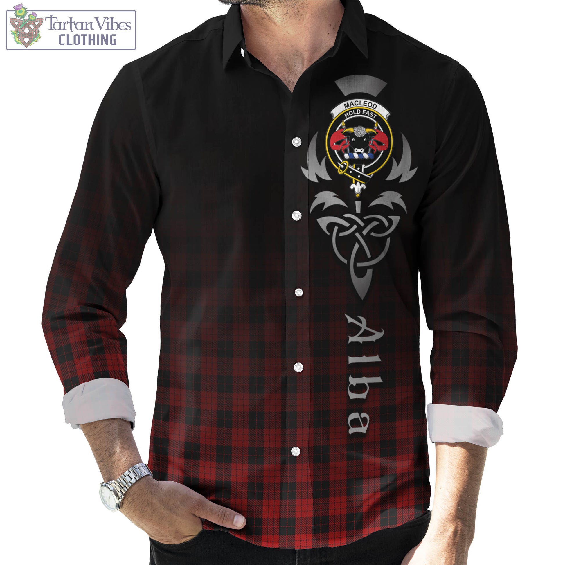 Tartan Vibes Clothing MacLeod Black and Red Tartan Long Sleeve Button Up Featuring Alba Gu Brath Family Crest Celtic Inspired