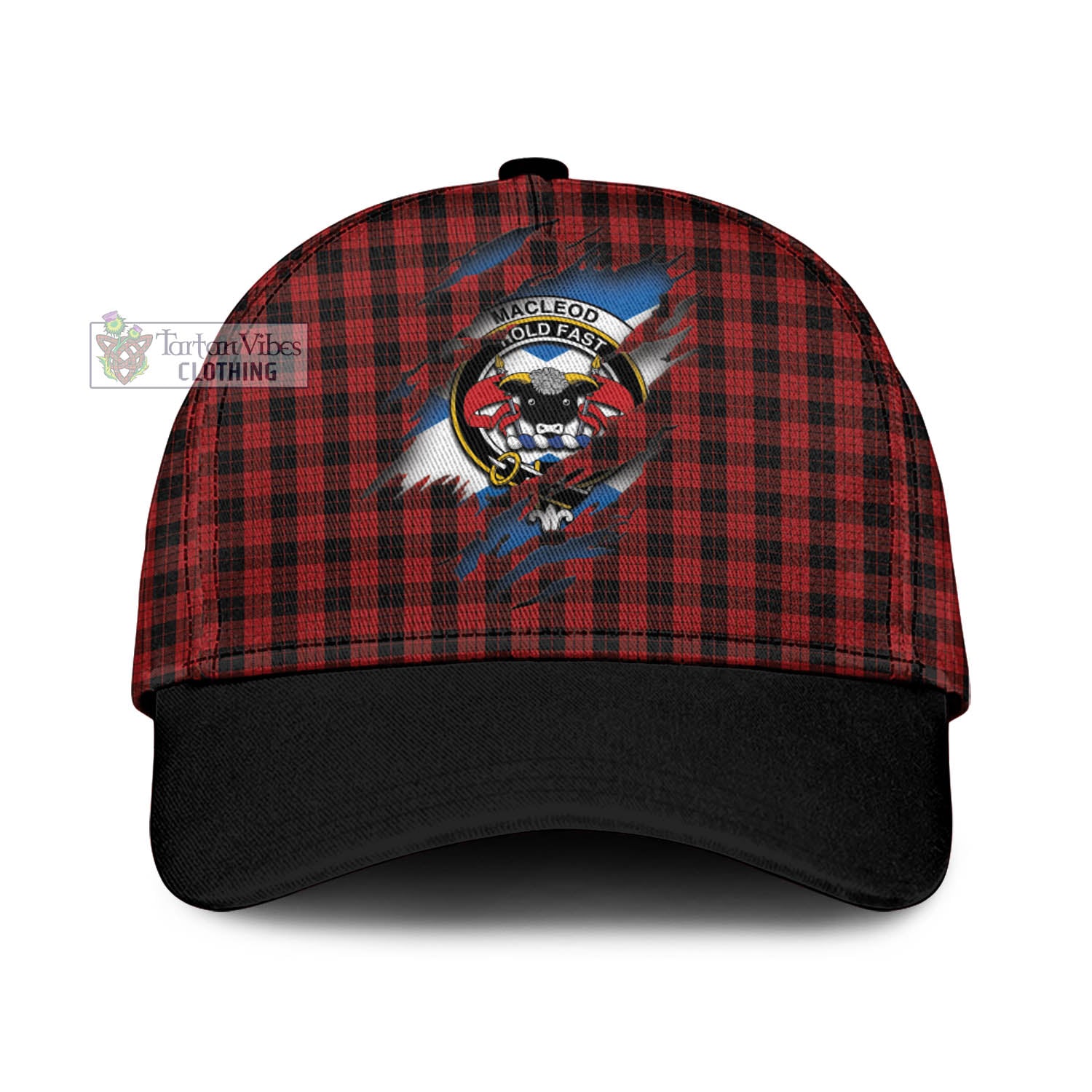 Tartan Vibes Clothing MacLeod Black and Red Tartan Classic Cap with Family Crest In Me Style