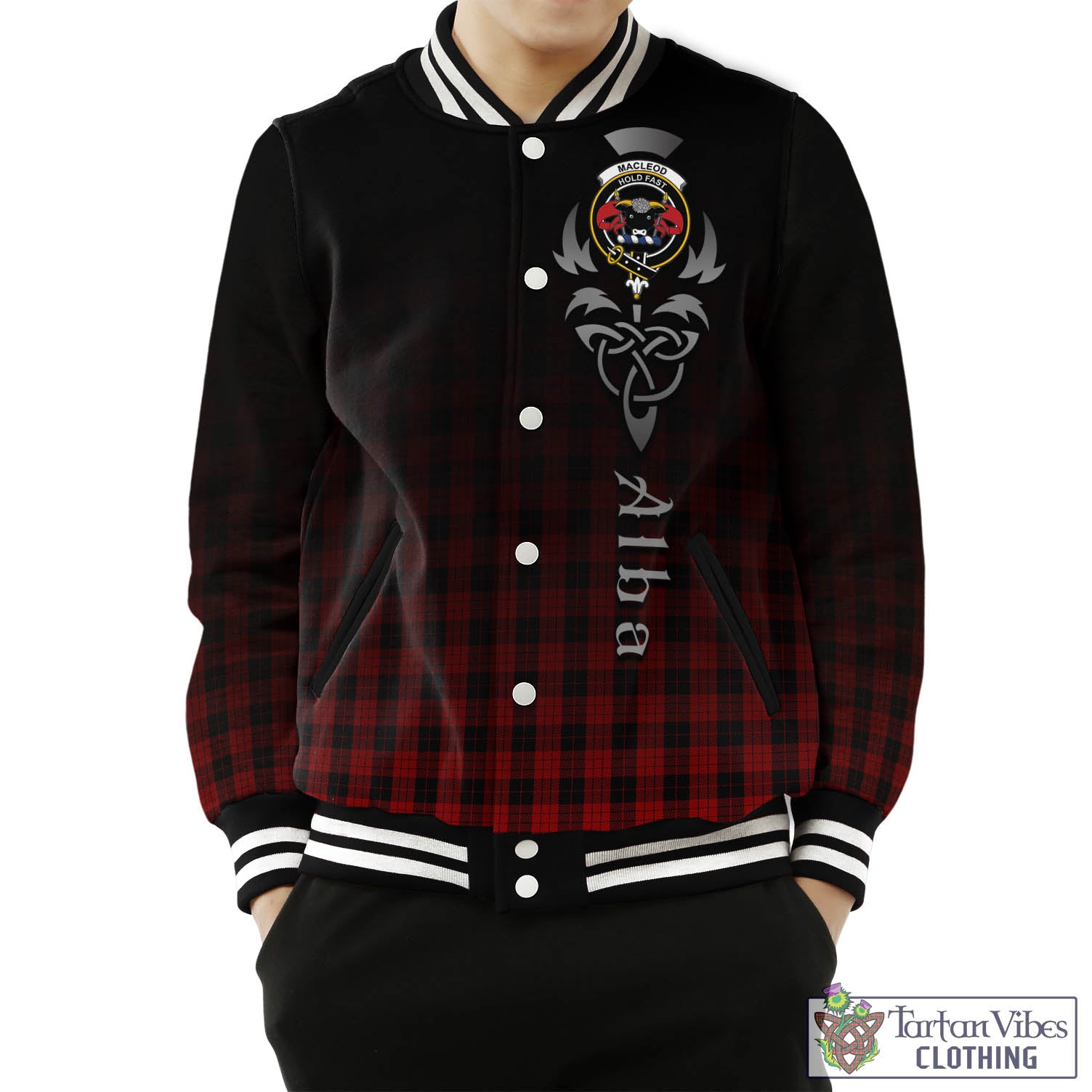 Tartan Vibes Clothing MacLeod Black and Red Tartan Baseball Jacket Featuring Alba Gu Brath Family Crest Celtic Inspired