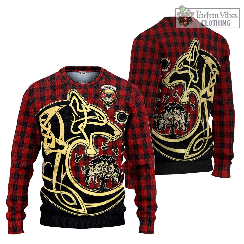 MacLeod Black and Red Tartan Knitted Sweater with Family Crest Celtic Wolf Style Unisex - Tartan Vibes Clothing