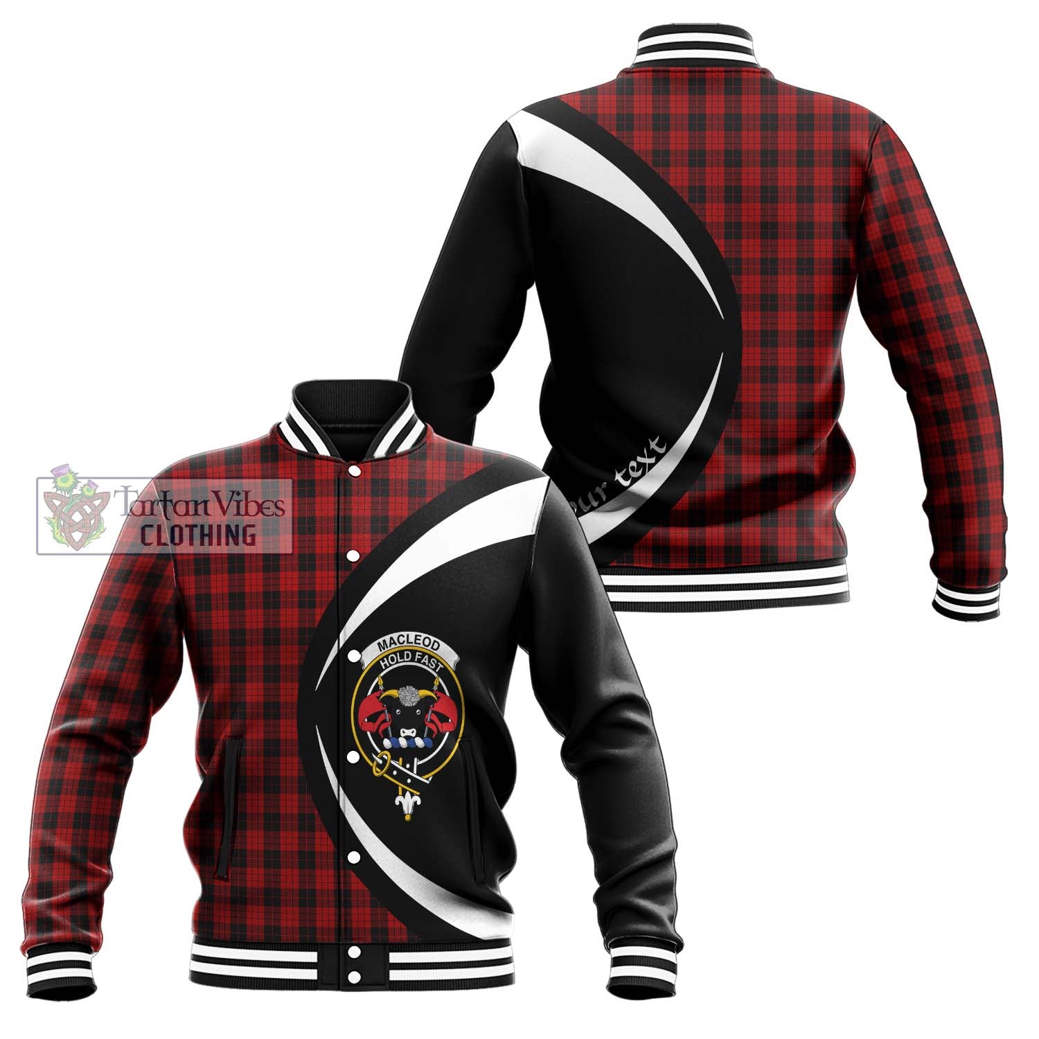 MacLeod Black and Red Tartan Baseball Jacket with Family Crest Circle Style Unisex - Tartan Vibes Clothing