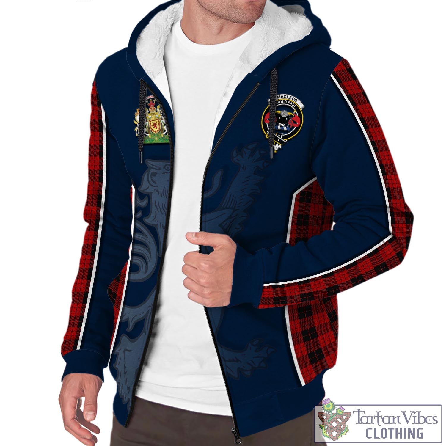 Tartan Vibes Clothing MacLeod Black and Red Tartan Sherpa Hoodie with Family Crest and Lion Rampant Vibes Sport Style