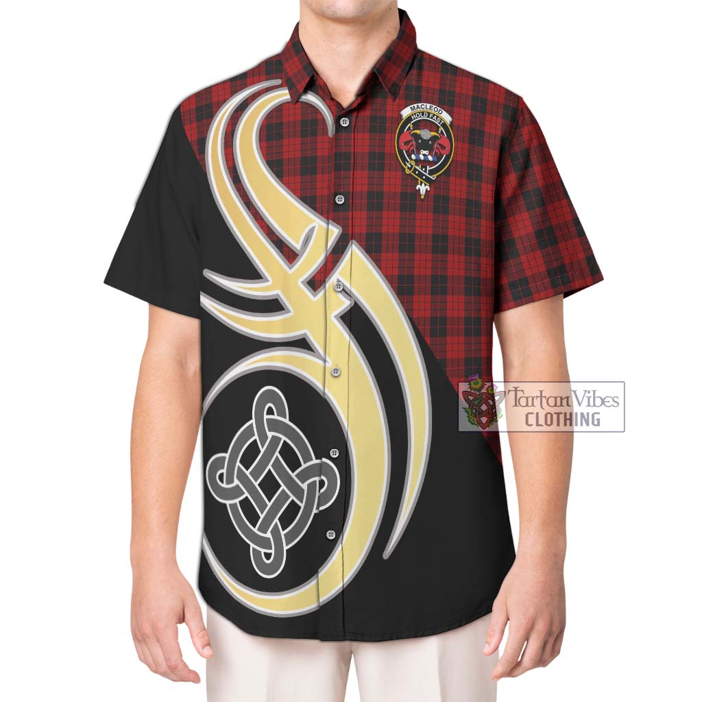 MacLeod Black and Red Tartan Short Sleeve Button Shirt with Family Crest and Celtic Symbol Style Kid - Tartan Vibes Clothing