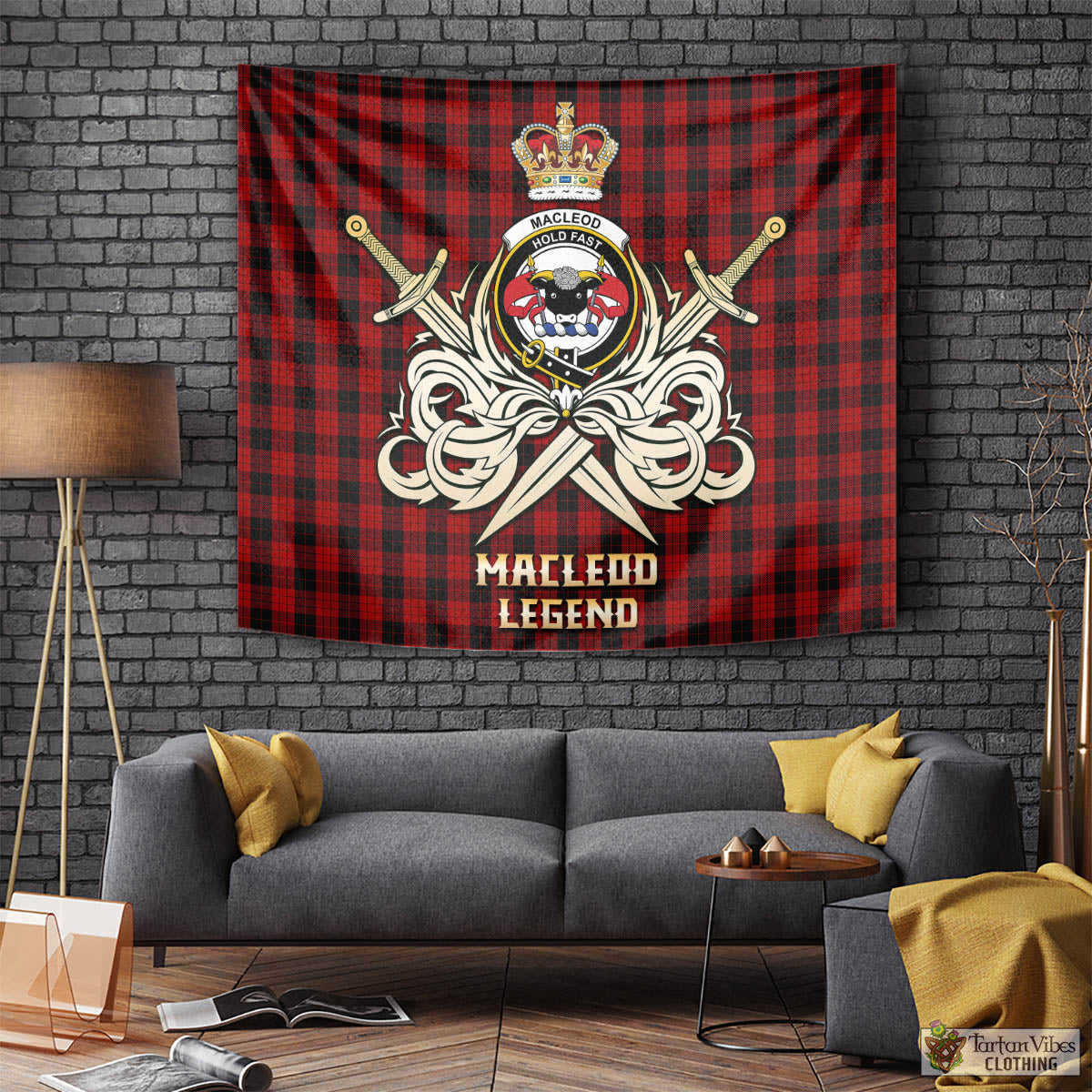 Tartan Vibes Clothing MacLeod Black and Red Tartan Tapestry with Clan Crest and the Golden Sword of Courageous Legacy