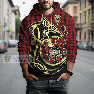 MacLeod Black and Red Tartan Hoodie with Family Crest Celtic Wolf Style