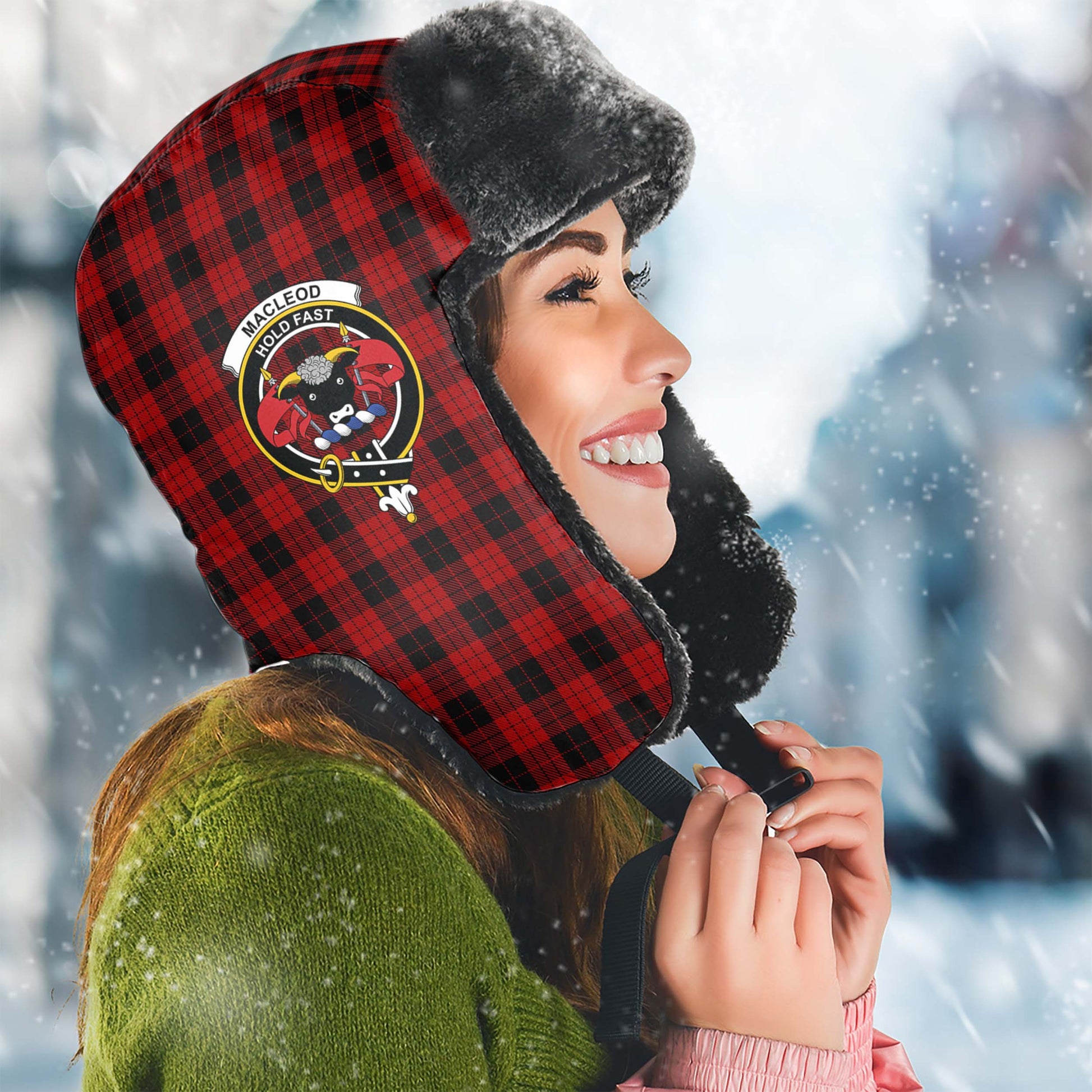 MacLeod Black and Red Tartan Winter Trapper Hat with Family Crest Winter Trapper Hat Universal Fit Circumference 22.8in (58cm) - Tartanvibesclothing