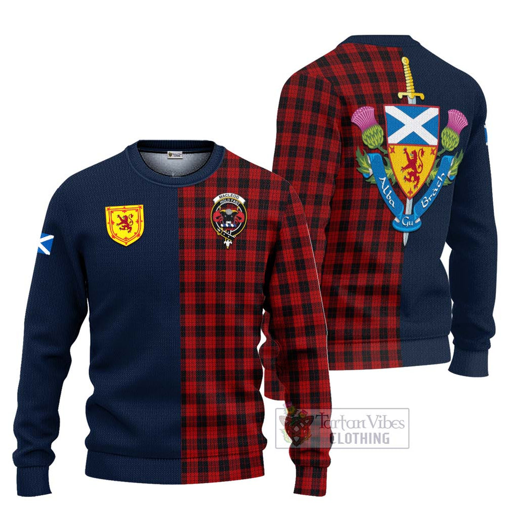 Tartan Vibes Clothing MacLeod Black and Red Tartan Knitted Sweater with Scottish Lion Royal Arm Half Style