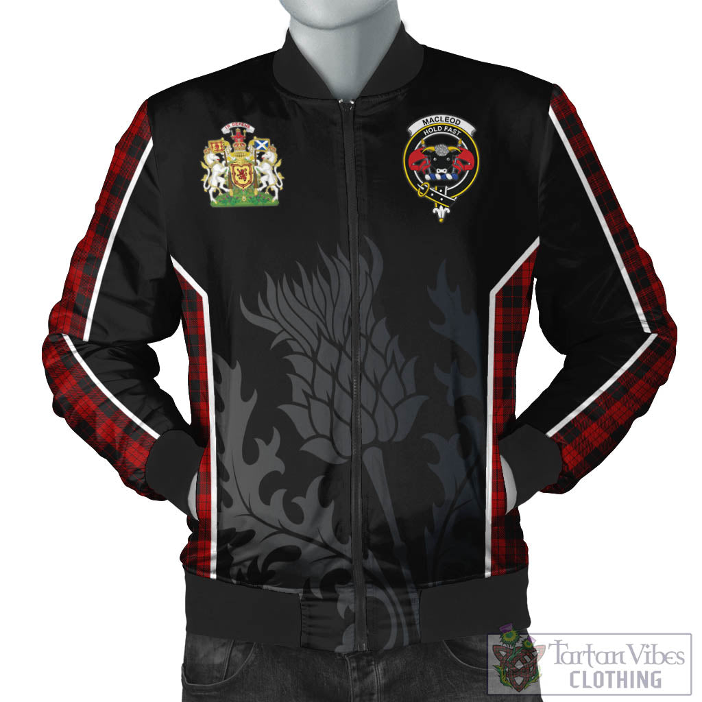 Tartan Vibes Clothing MacLeod Black and Red Tartan Bomber Jacket with Family Crest and Scottish Thistle Vibes Sport Style