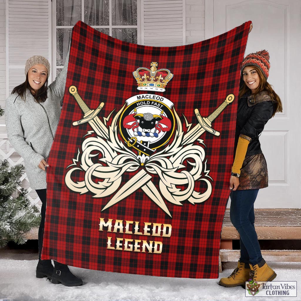 Tartan Vibes Clothing MacLeod Black and Red Tartan Blanket with Clan Crest and the Golden Sword of Courageous Legacy