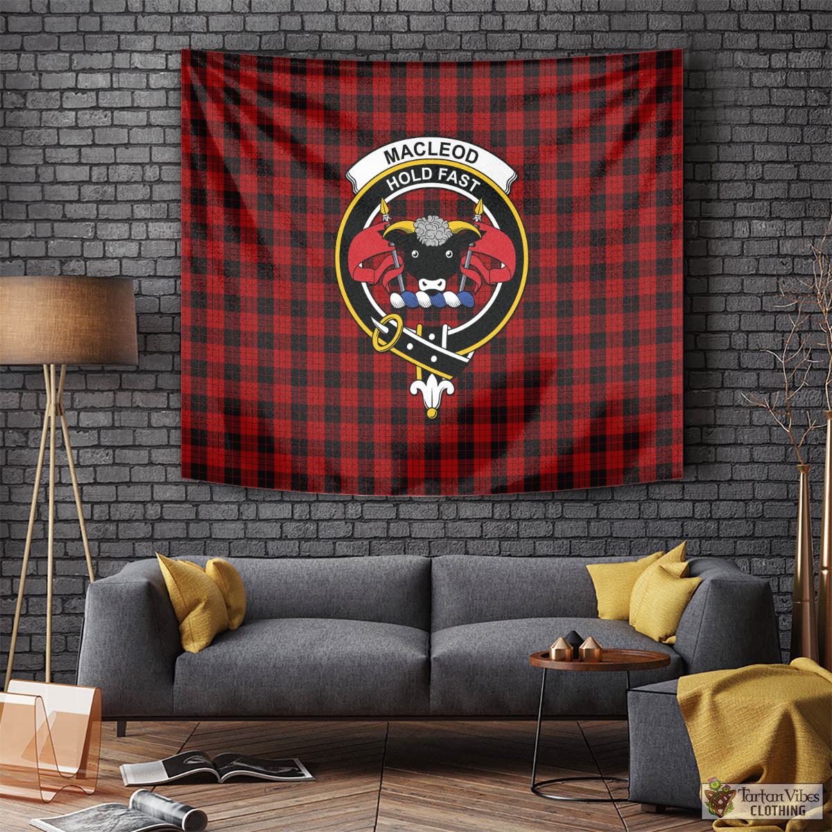 Tartan Vibes Clothing MacLeod Black and Red Tartan Tapestry Wall Hanging and Home Decor for Room with Family Crest