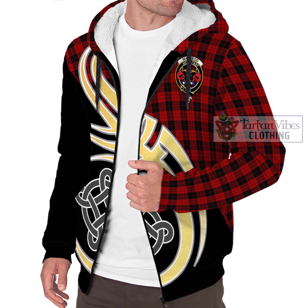 MacLeod Black and Red Tartan Sherpa Hoodie with Family Crest and Celtic Symbol Style - Tartan Vibes Clothing