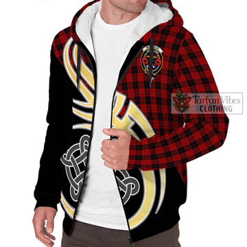 MacLeod Black and Red Tartan Sherpa Hoodie with Family Crest and Celtic Symbol Style