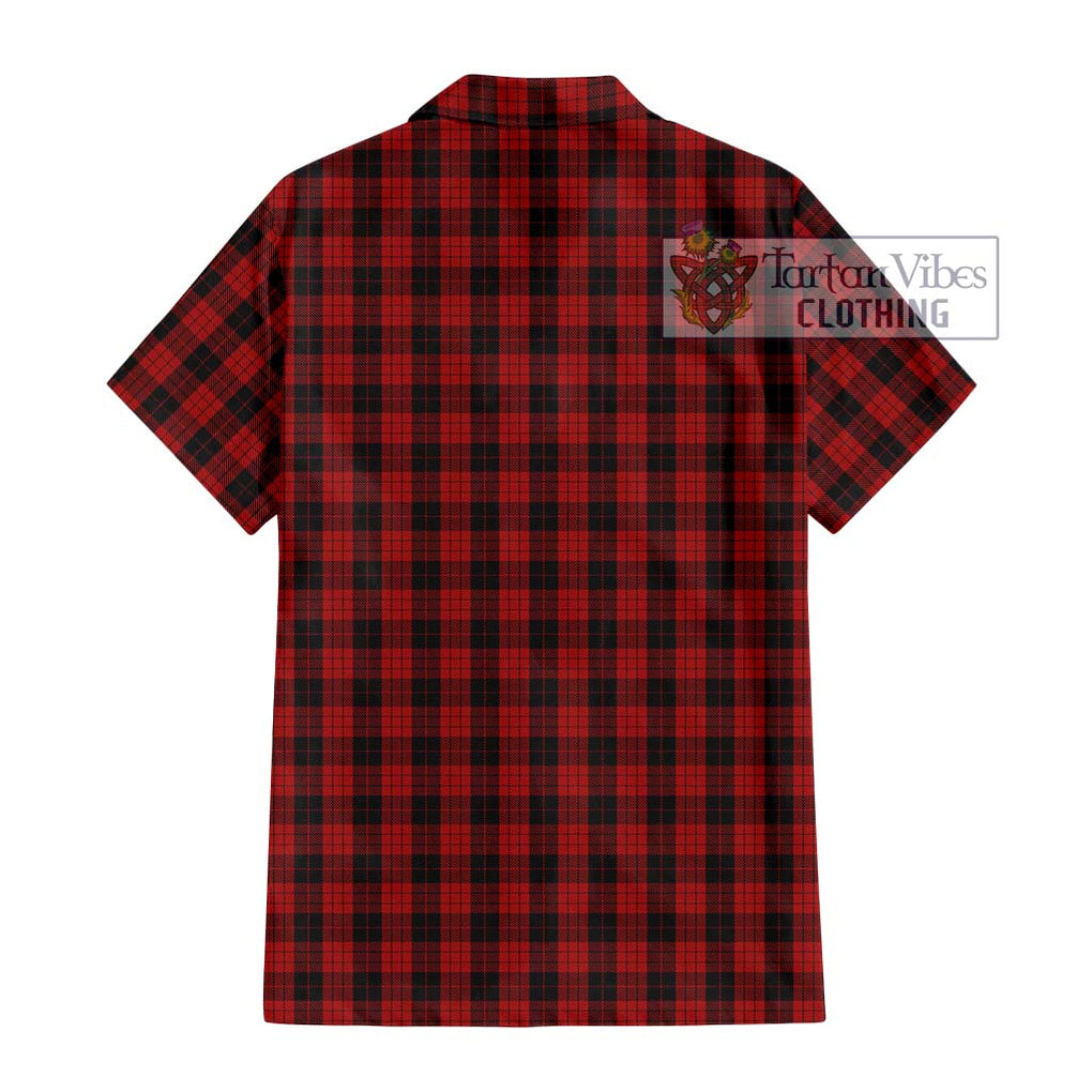 MacLeod Black and Red Tartan Short Sleeve Button Shirt with Family Crest DNA In Me Style - Tartanvibesclothing Shop