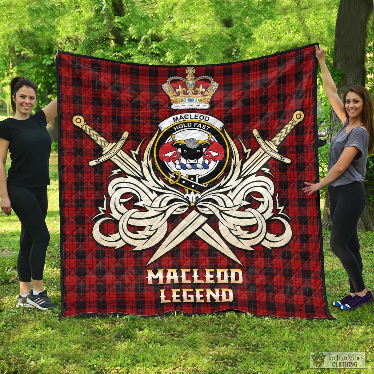 Tartan Vibes Clothing MacLeod Black and Red Tartan Quilt with Clan Crest and the Golden Sword of Courageous Legacy