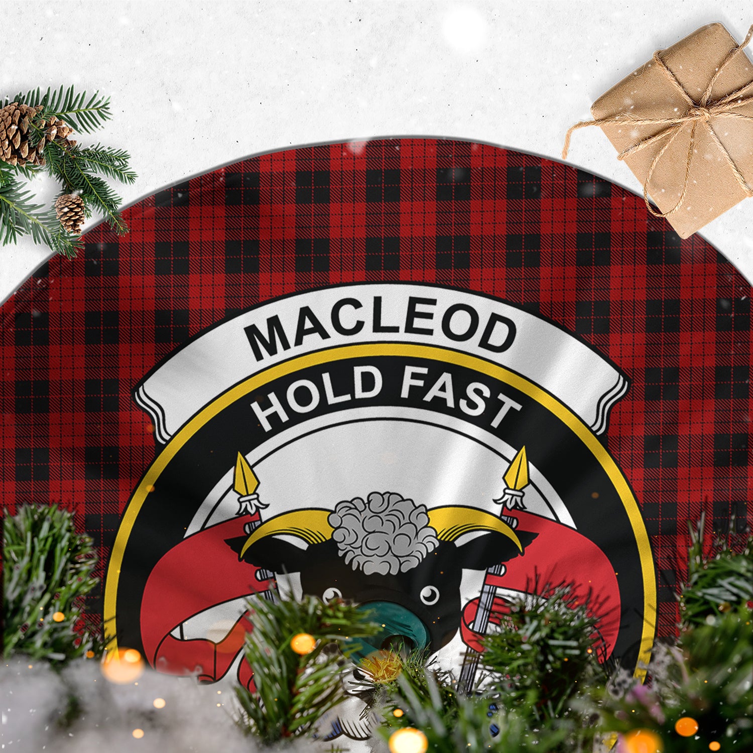 MacLeod Black and Red Tartan Christmas Tree Skirt with Family Crest - Tartanvibesclothing