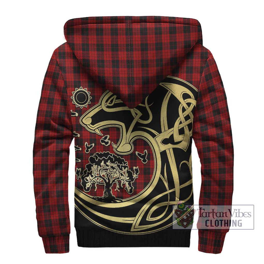 MacLeod Black and Red Tartan Sherpa Hoodie with Family Crest Celtic Wolf Style - Tartan Vibes Clothing