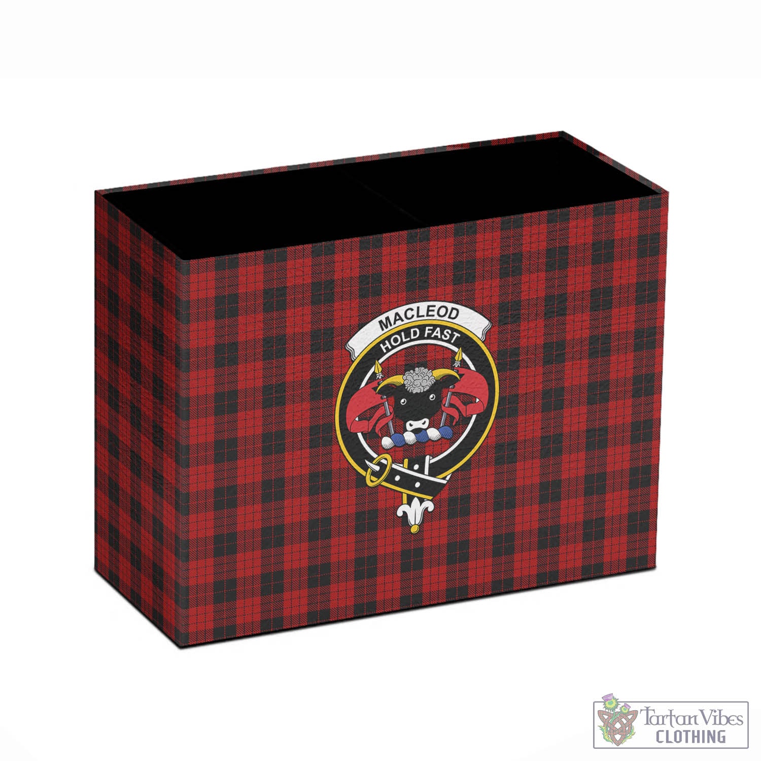 Tartan Vibes Clothing MacLeod Black and Red Tartan Pen Holder with Family Crest