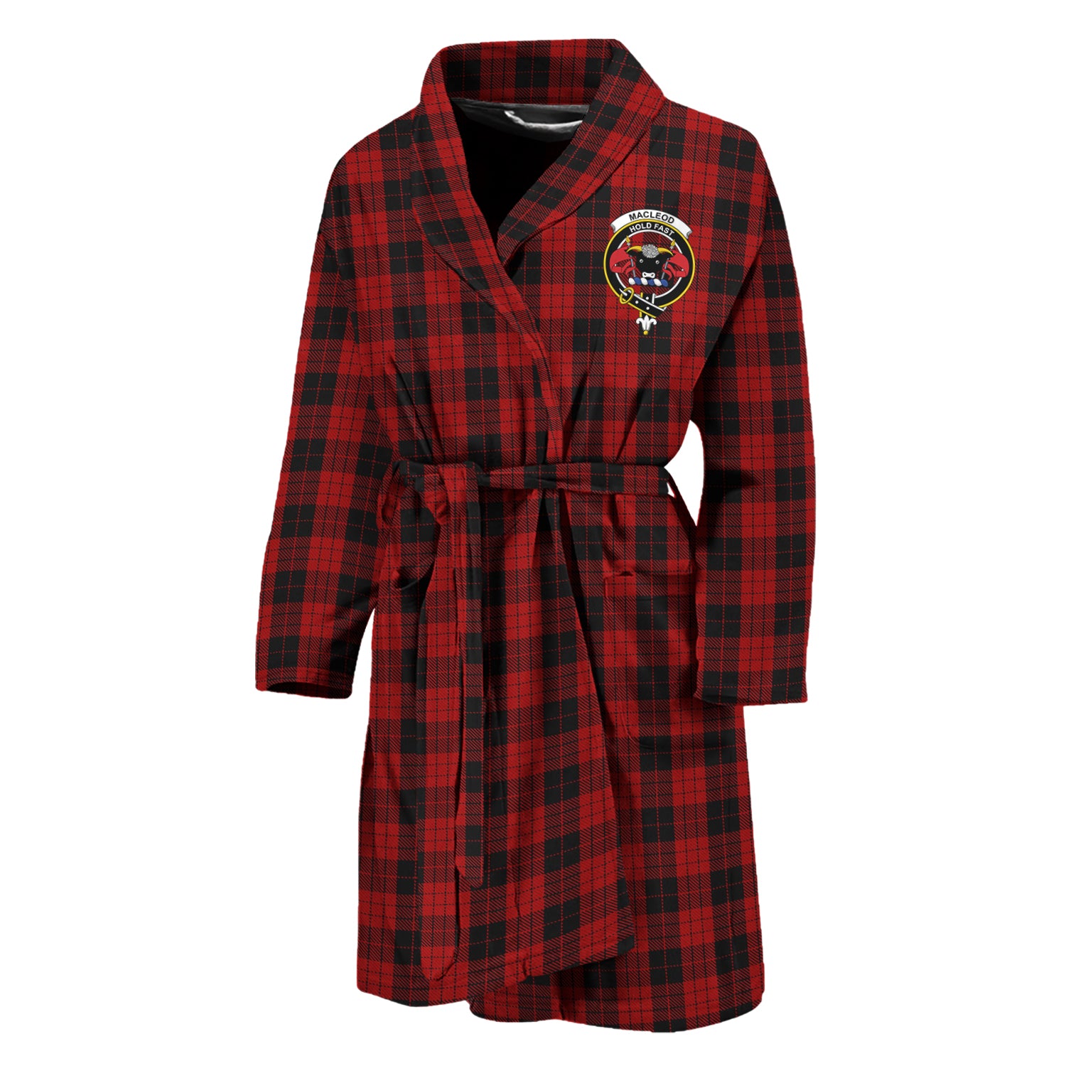 MacLeod Black and Red Tartan Bathrobe with Family Crest Unisex M - Tartan Vibes Clothing