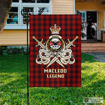 MacLeod Black and Red Tartan Flag with Clan Crest and the Golden Sword of Courageous Legacy