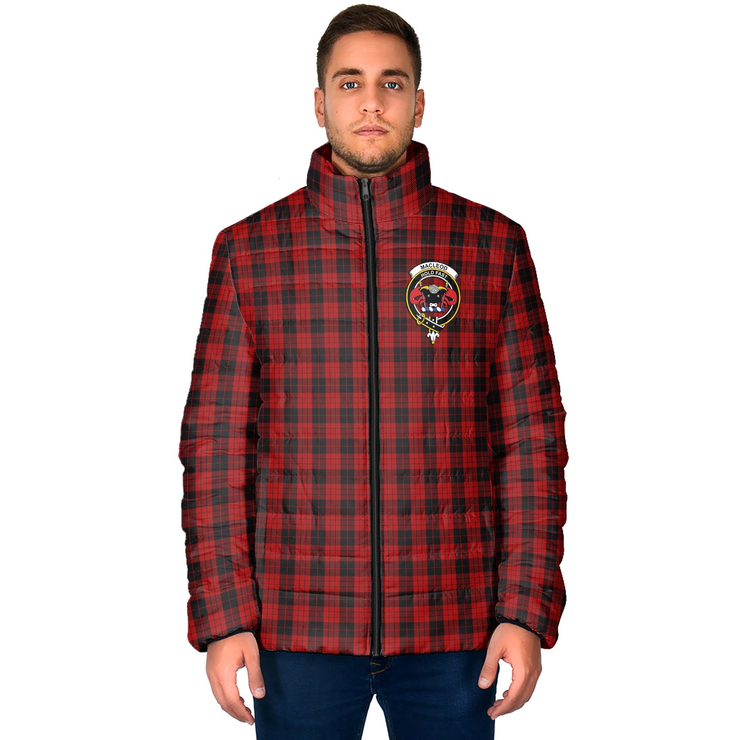 MacLeod Black and Red Tartan Padded Jacket with Family Crest - Tartan Vibes Clothing