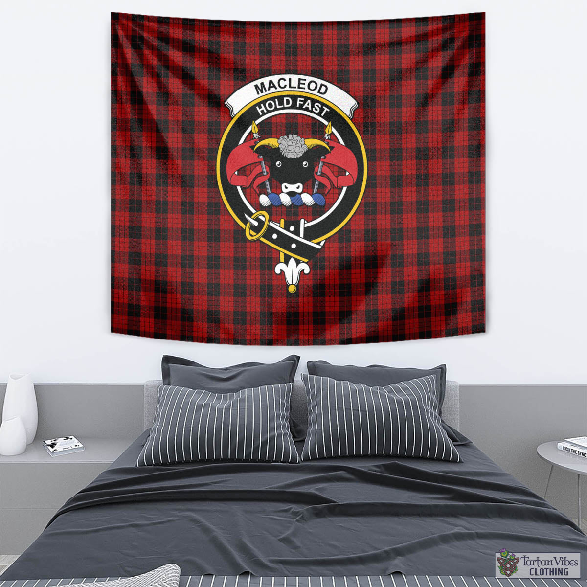 Tartan Vibes Clothing MacLeod Black and Red Tartan Tapestry Wall Hanging and Home Decor for Room with Family Crest