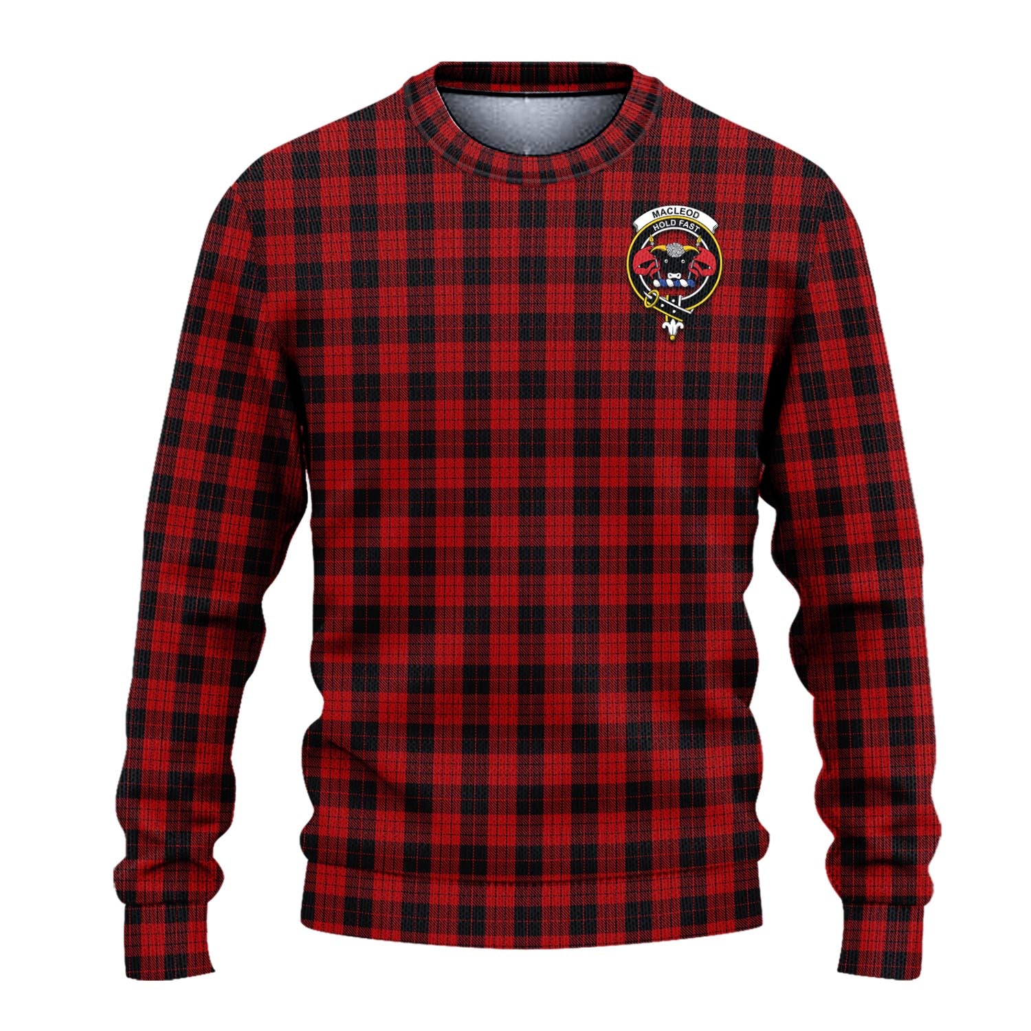 MacLeod Black and Red Tartan Knitted Sweater with Family Crest - Tartanvibesclothing