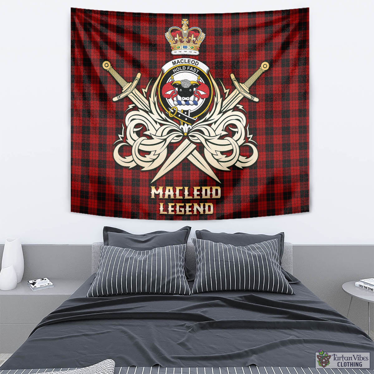 Tartan Vibes Clothing MacLeod Black and Red Tartan Tapestry with Clan Crest and the Golden Sword of Courageous Legacy