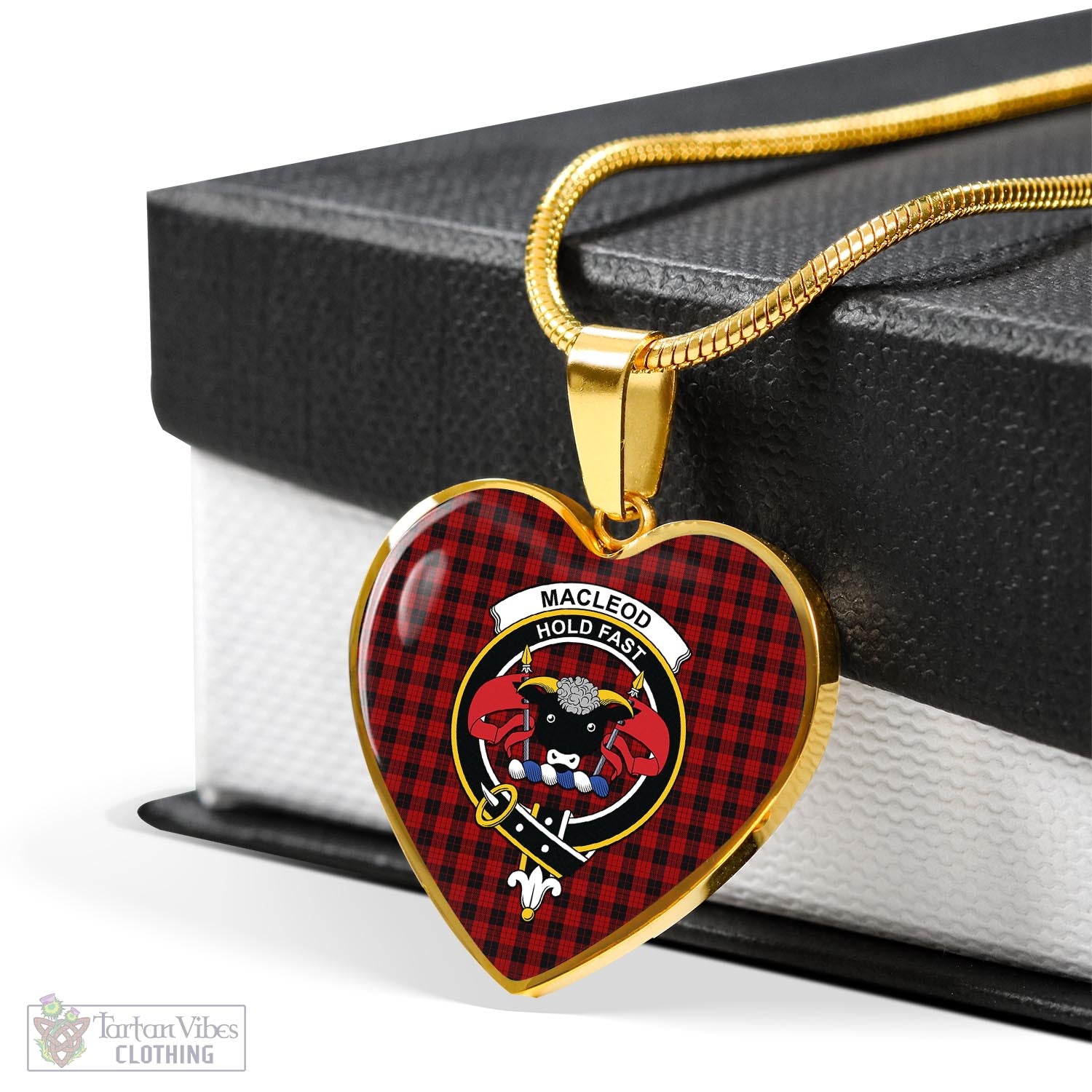 Tartan Vibes Clothing MacLeod Black and Red Tartan Heart Necklace with Family Crest