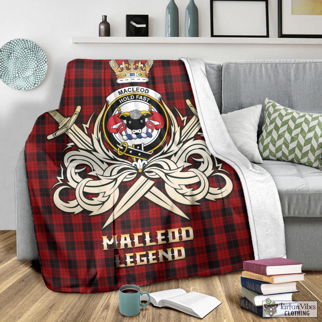 Tartan Vibes Clothing MacLeod Black and Red Tartan Blanket with Clan Crest and the Golden Sword of Courageous Legacy