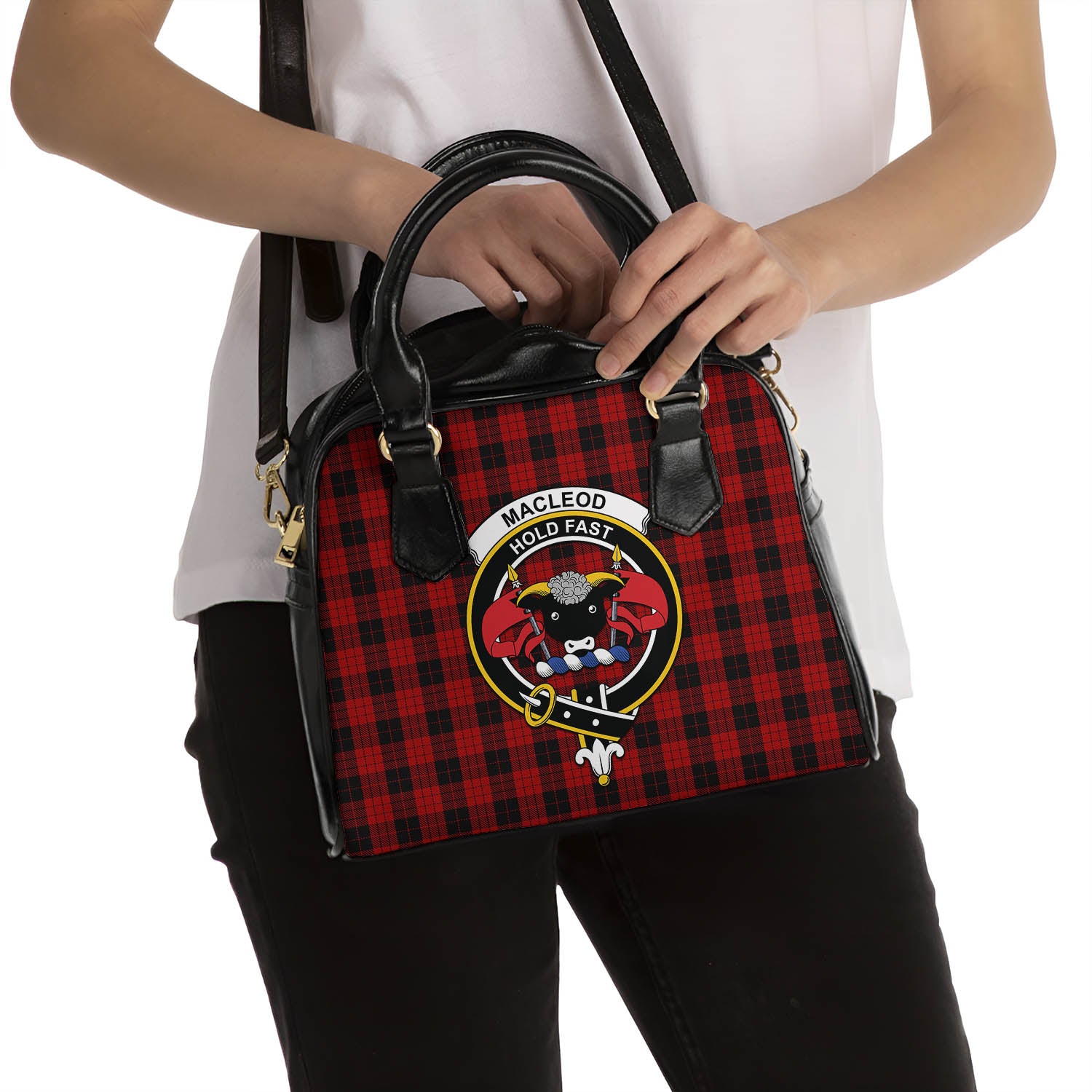 MacLeod Black and Red Tartan Shoulder Handbags with Family Crest - Tartanvibesclothing