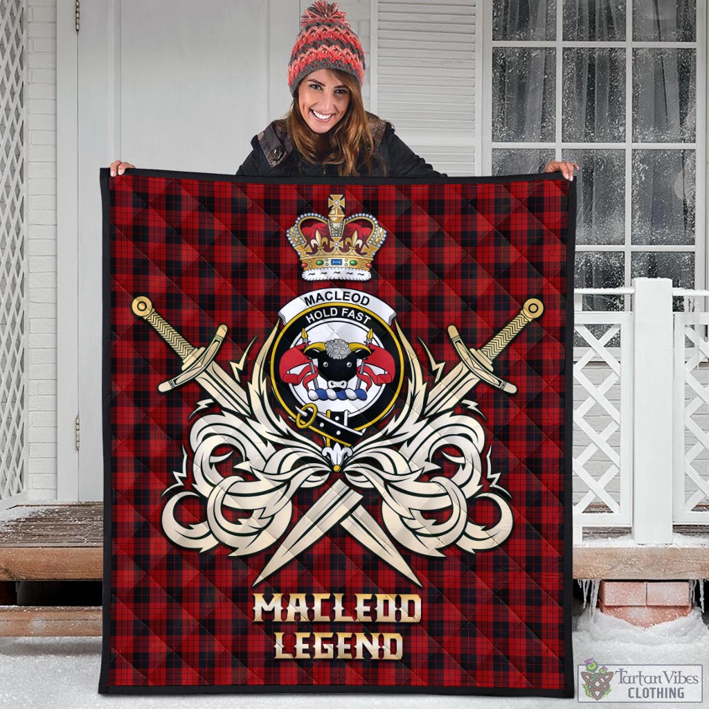 Tartan Vibes Clothing MacLeod Black and Red Tartan Quilt with Clan Crest and the Golden Sword of Courageous Legacy