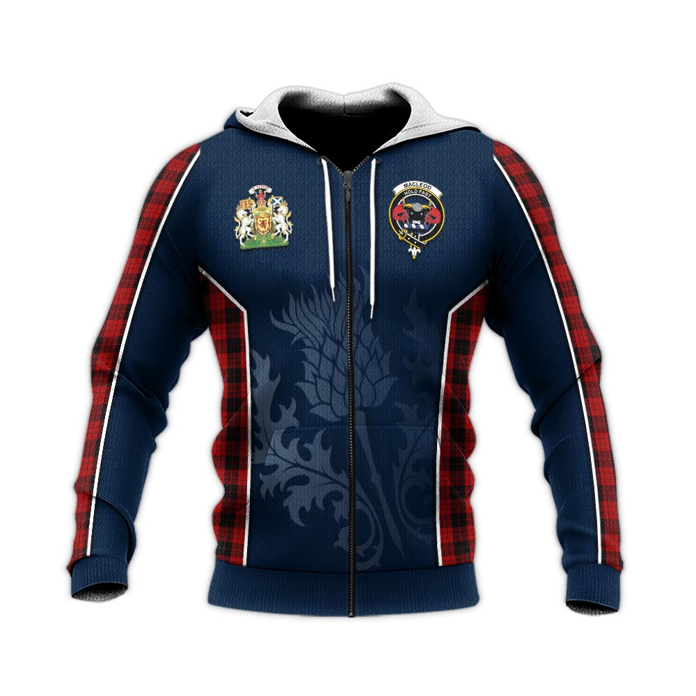 Tartan Vibes Clothing MacLeod Black and Red Tartan Knitted Hoodie with Family Crest and Scottish Thistle Vibes Sport Style