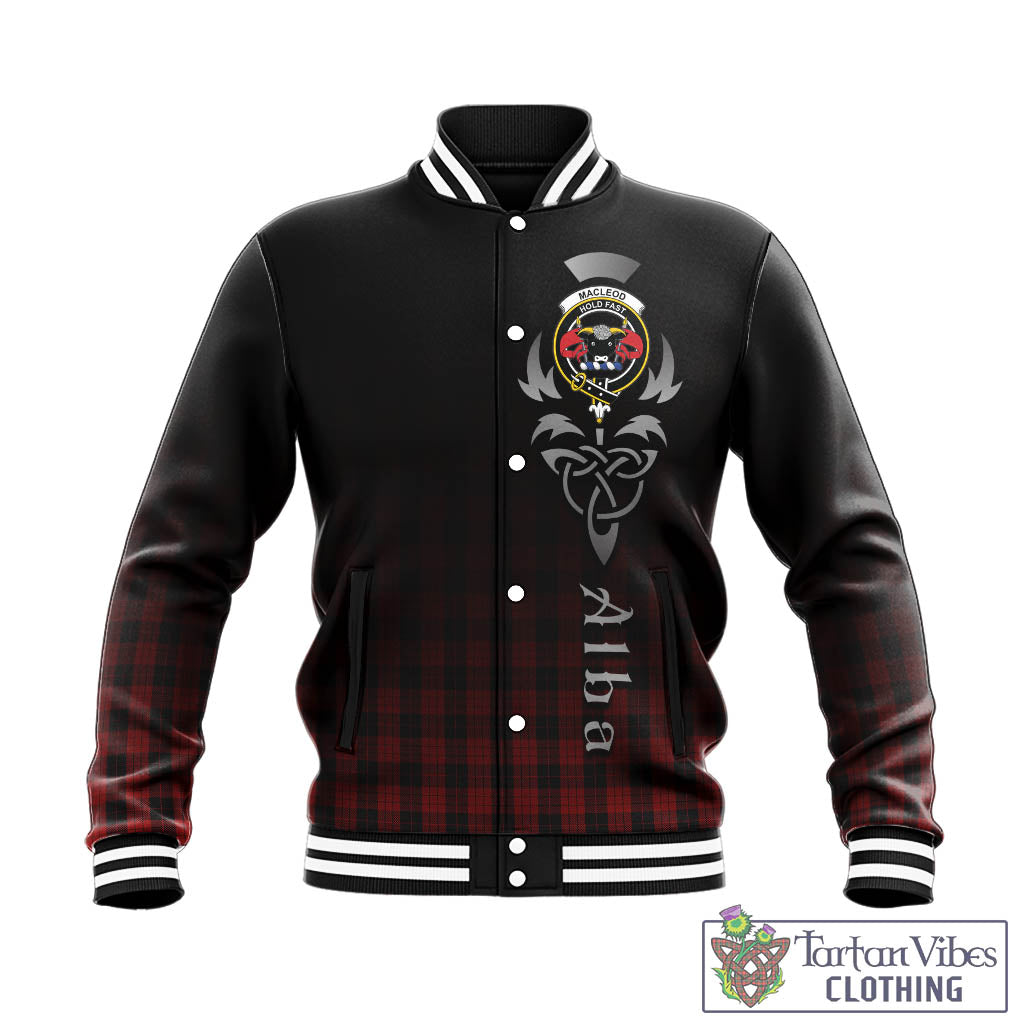 Tartan Vibes Clothing MacLeod Black and Red Tartan Baseball Jacket Featuring Alba Gu Brath Family Crest Celtic Inspired