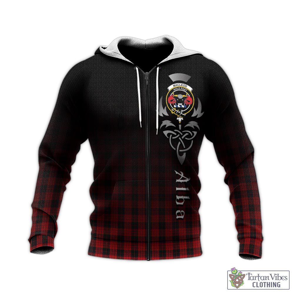 Tartan Vibes Clothing MacLeod Black and Red Tartan Knitted Hoodie Featuring Alba Gu Brath Family Crest Celtic Inspired