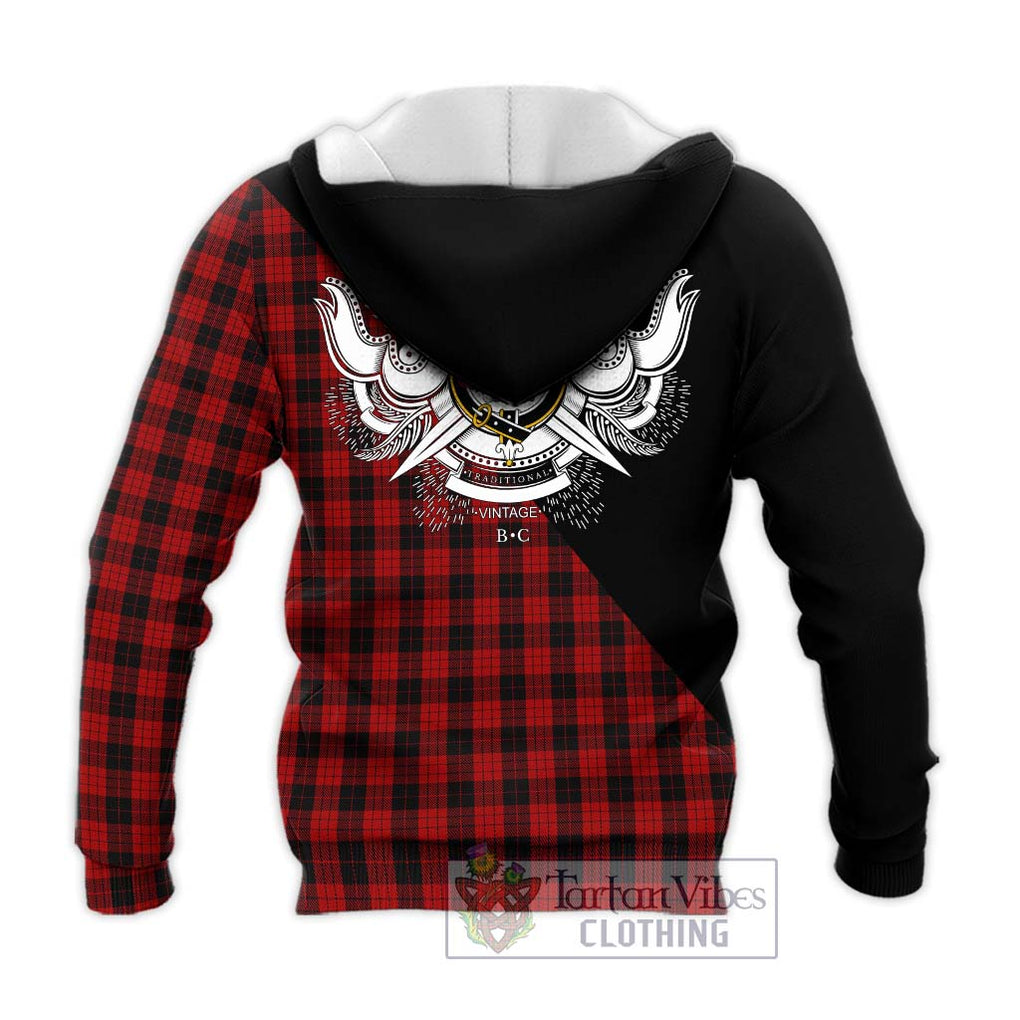 MacLeod Black and Red Tartan Knitted Hoodie with Family Crest and Military Logo Style - Tartanvibesclothing Shop