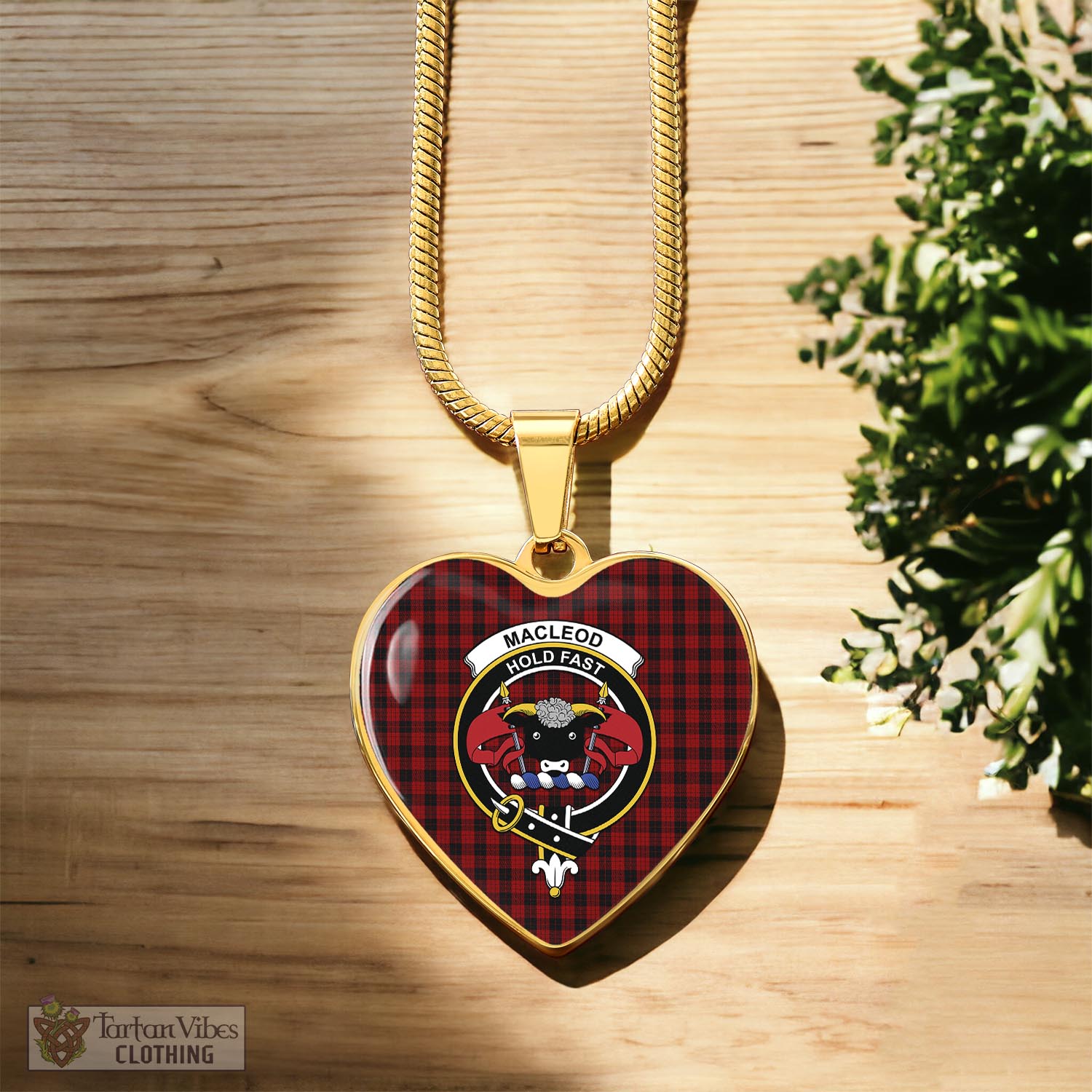 Tartan Vibes Clothing MacLeod Black and Red Tartan Heart Necklace with Family Crest