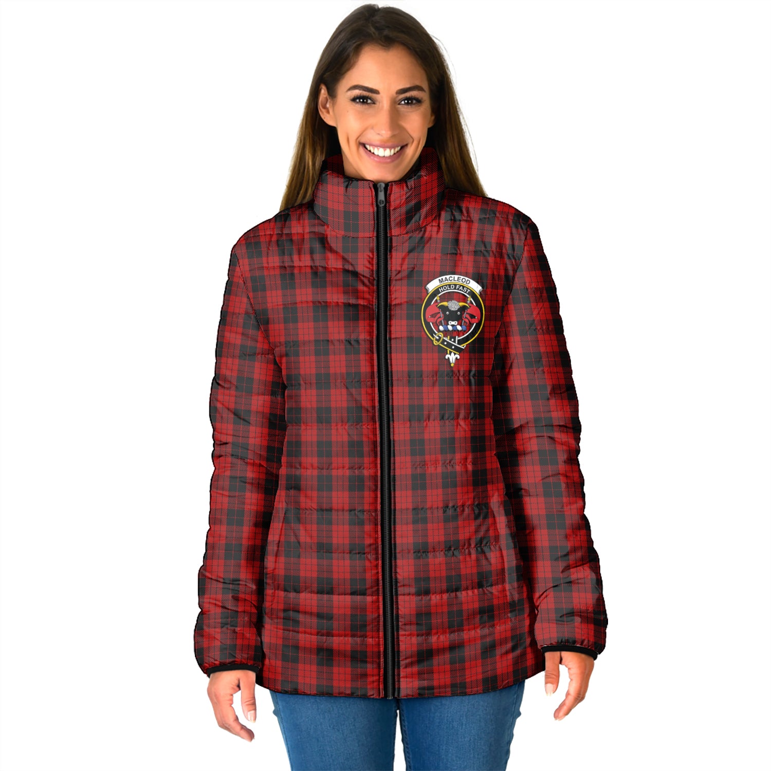 MacLeod Black and Red Tartan Padded Jacket with Family Crest - Tartan Vibes Clothing