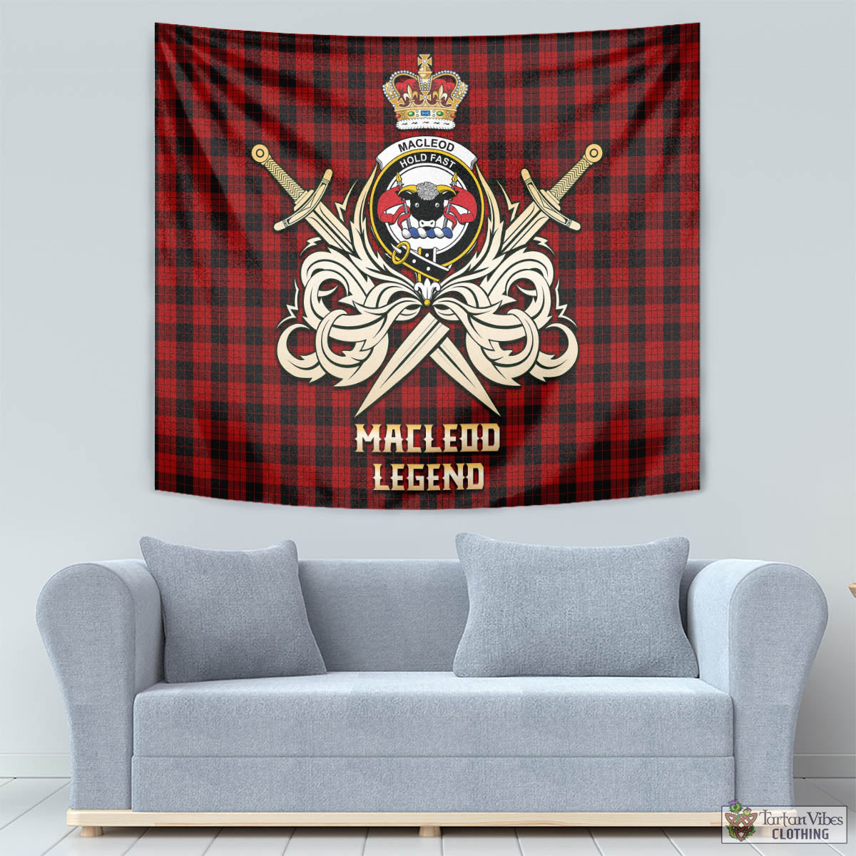 Tartan Vibes Clothing MacLeod Black and Red Tartan Tapestry with Clan Crest and the Golden Sword of Courageous Legacy