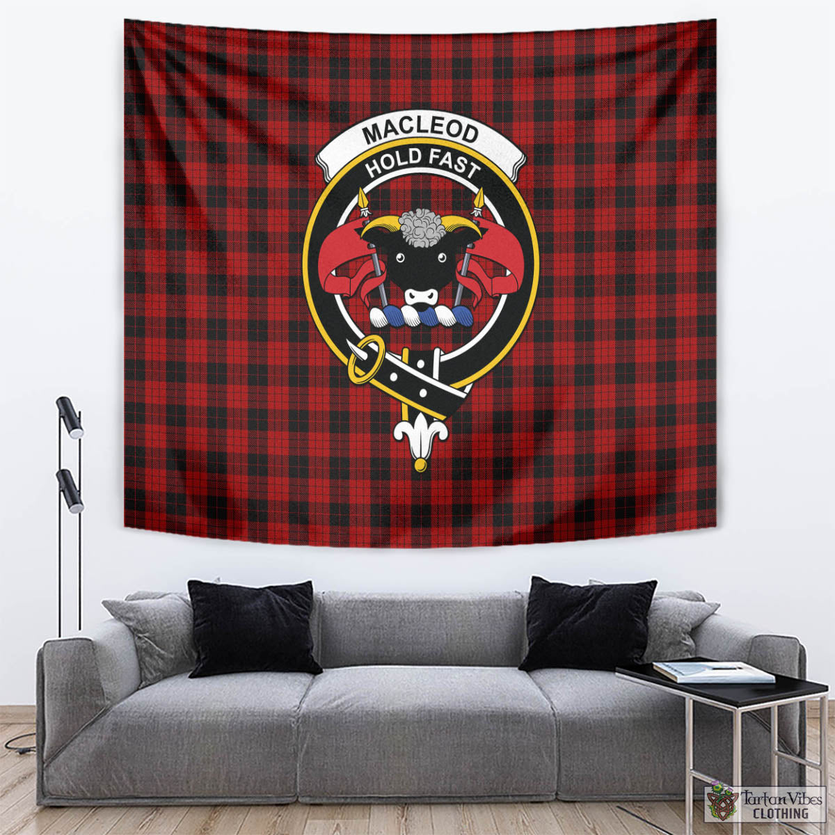 Tartan Vibes Clothing MacLeod Black and Red Tartan Tapestry Wall Hanging and Home Decor for Room with Family Crest