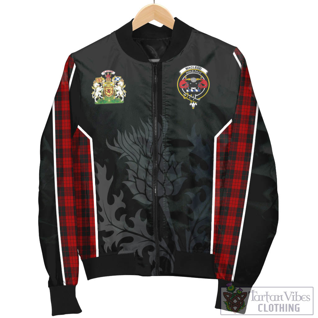 Tartan Vibes Clothing MacLeod Black and Red Tartan Bomber Jacket with Family Crest and Scottish Thistle Vibes Sport Style