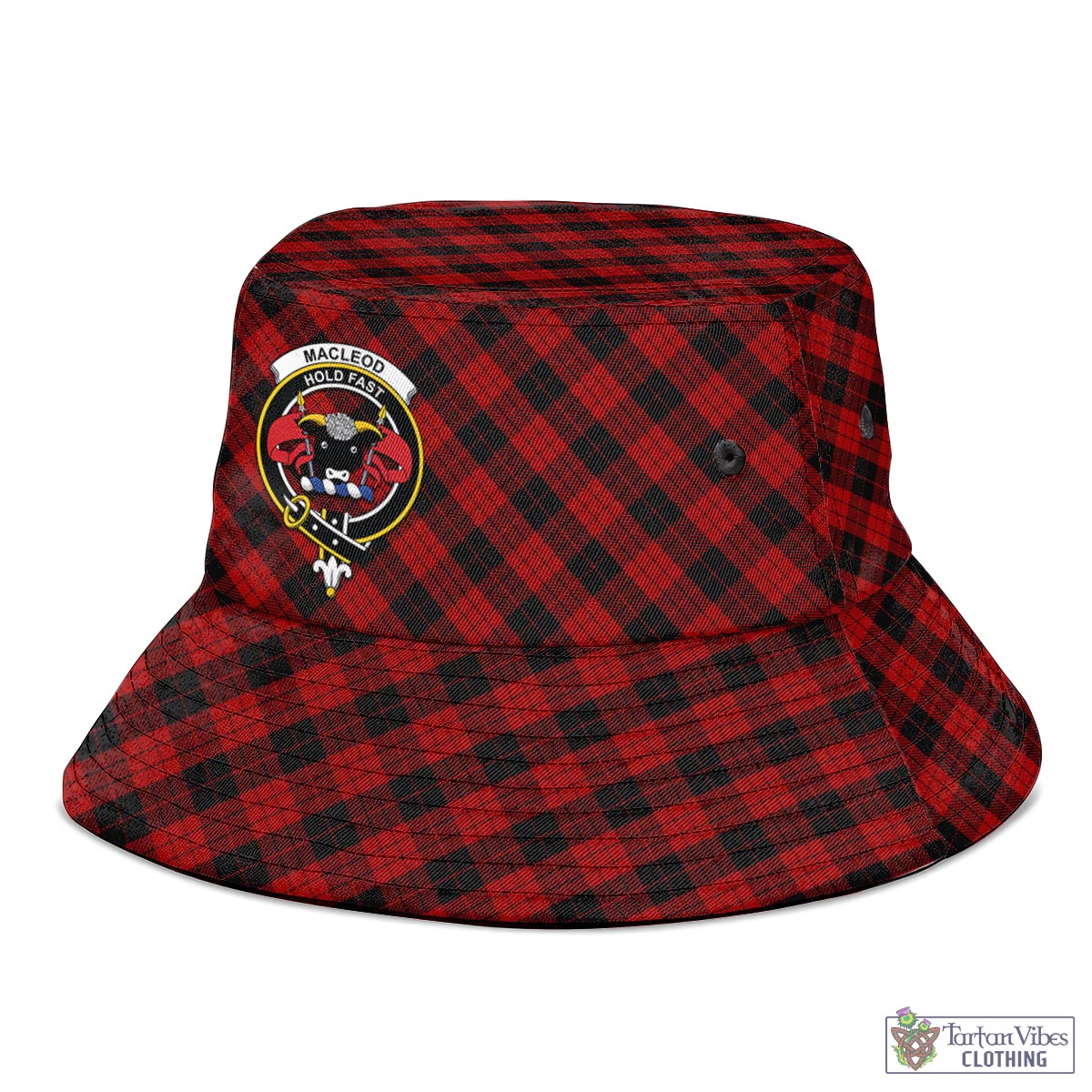 Tartan Vibes Clothing MacLeod Black and Red Tartan Bucket Hat with Family Crest