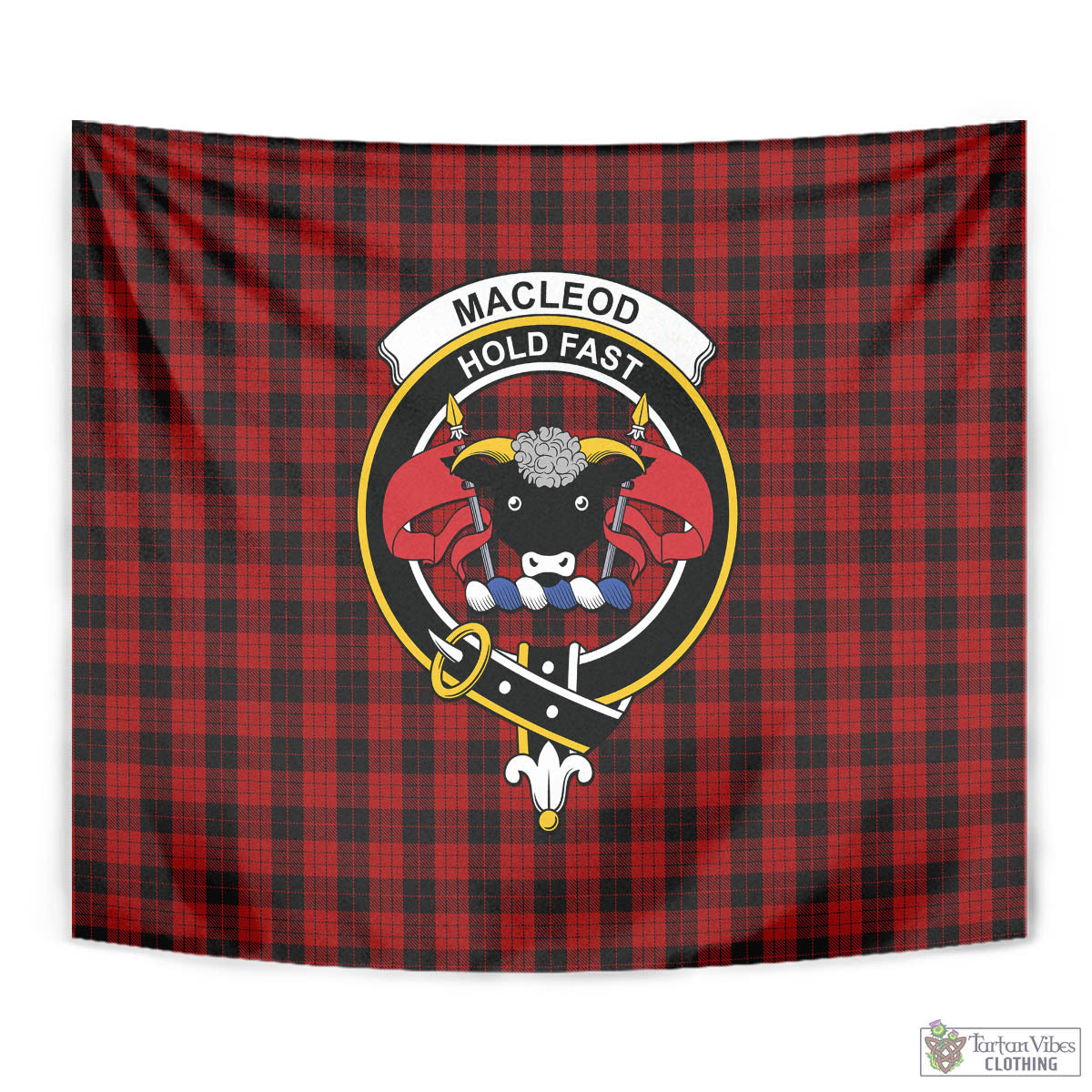 Tartan Vibes Clothing MacLeod Black and Red Tartan Tapestry Wall Hanging and Home Decor for Room with Family Crest